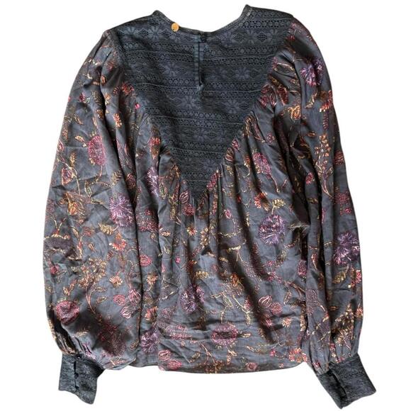 Boho Floral Embroidered Lace Peasant Blouse Gray Long Sleeve Festival Top XS - Picture 2 of 8